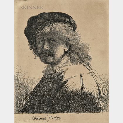 Rembrandt van Rijn (Dutch, 1606-1669) Self Portrait in a Cap and Scarf with the Face Dark: Bust