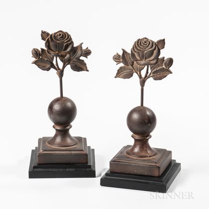 Two Cast Iron Rose Fence Finials