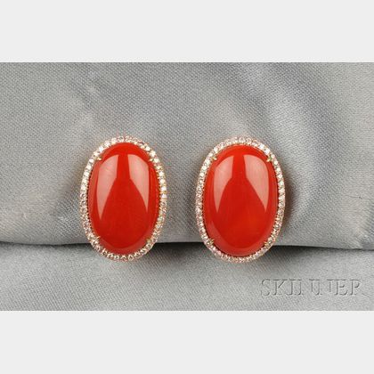 18kt Gold, Coral, and Pink Diamond Earclips