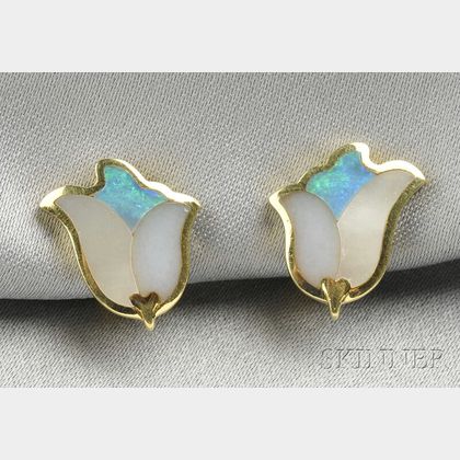 18kt Gold, Mother-of-pearl, and Opal Earclips, Tiffany & Co.