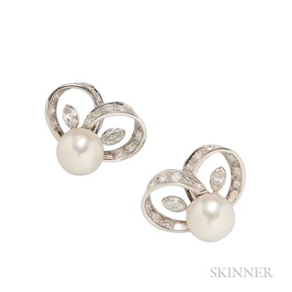 Platinum, Cultured Pearl, and Diamond Earclips, Marianne Ostier