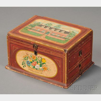 Hand-painted Box Decorated with a Brick House and a Basket of Flowers