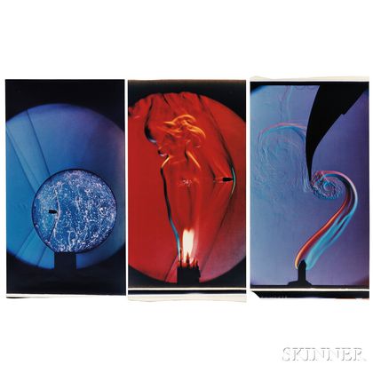 After Harold E. Doc Edgerton (American, 1903-1990) Three Color Photographs: Vortex at a Fan Blade Tip, Bullet Through Bubble, and Can 