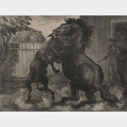 John Steuart Curry (American, 1897-1946) Stallion and Jack Fighting