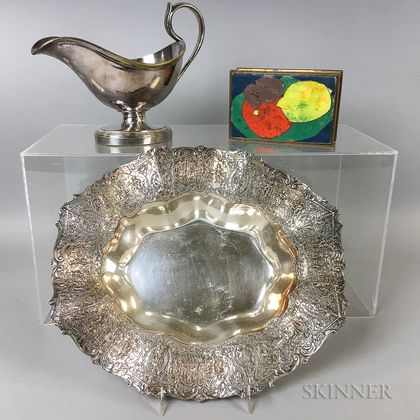 Christofle Silver-plated Sauceboat, a Hardstone-inlaid Box, and a Silver-plated Center Bowl with Engraved Edge