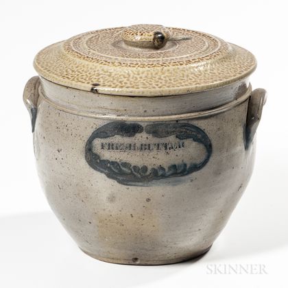 Cobalt-decorated "FRESH BUTTER" Stoneware Jar