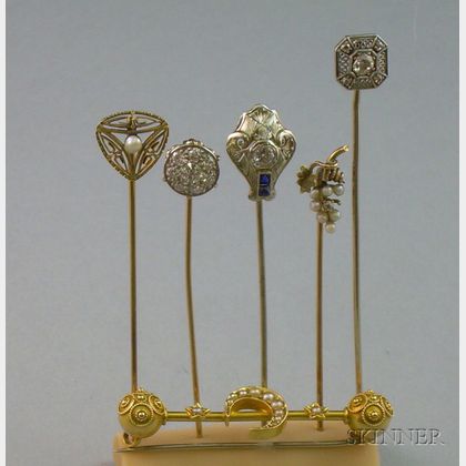 Five Art Deco Gold, Platinum, Diamond, and Seed Pearl Stickpins and a Victorian Gold and Seed Pearl Crescent Moon and Canatille Bar Pin