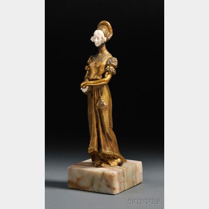 Dominique Alonzo (French, fl. 1910-1930) Art Nouveau Gilt-bronze and Ivory Figure of an Elizabethan Woman