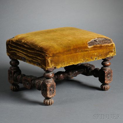 William & Mary Carved and Upholstered Oak Footstool