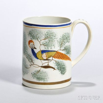 Spatterware Mug with Peafowl Decoration