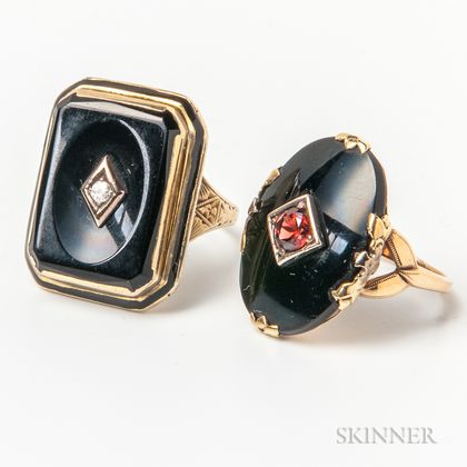 14kt Gold, Onyx, and Diamond Ring and a 10kt Gold, Jet, and Garnet Ring