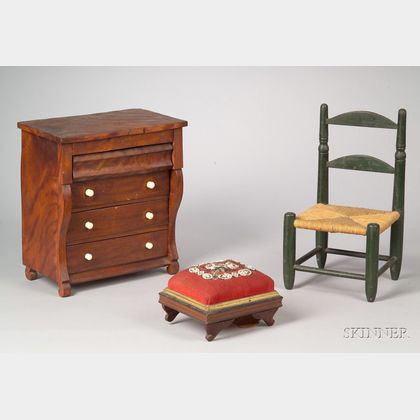 Miniature Empire Mahogany Bureau, Green-painted Slat-back Side Chair with Rush Seat, and a Beaded Needlepoint U... 