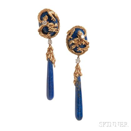 18kt Gold and Lapis Day/Night Earpendants, Erwin Pearl