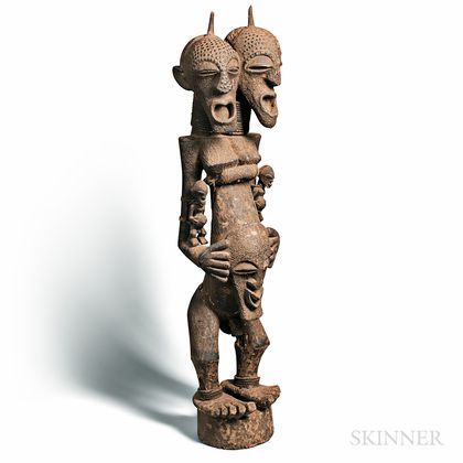Baule-style Carved Seated Double-headed Male Guardian Figure