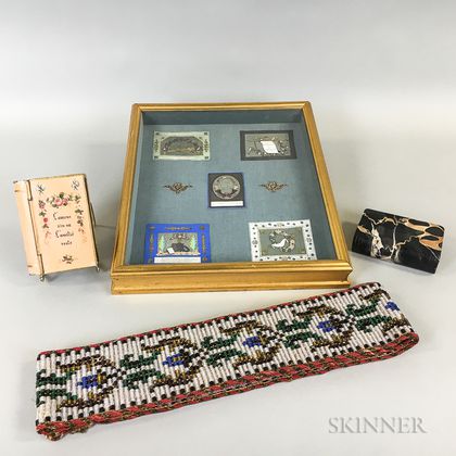 Framed Group of German Valentines, a Beaded Bell Pull, and a Book-form Box and Paperweight. Estimate $100-150