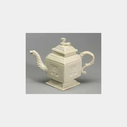 Staffordshire White Saltglaze Stoneware Diamond-Shaped Teapot and Cover