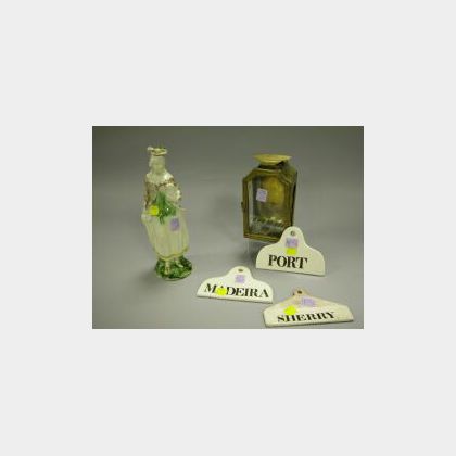 Port, Madeira and Sherry Ceramic Liquor Labels, a Glazed Ceramic Shepherdess Figure and a Small Brass Lantern