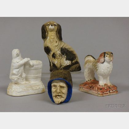Three Painted Chalkware Dog Figurals and a Painted Plaster Wall Monk Matchholder