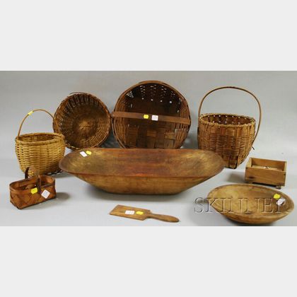 Five Woven Baskets, Four Wooden Items, and a Wooden Barrel Churn. 
