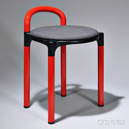 Tabouret, similar to a design by Anna Castelli Ferrieri, mold-injected red plastic with polystyrene black seat cover, unmarked, ht. 22 