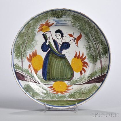 Polychrome-decorated Delft Round Deep Dish with Standing Woman