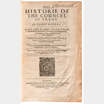 Sarpi, Paolo (1552-1623),trans. Nathaniel Brent (1573?-1652) The Historie of the Councel of Trent, in Eight Bookes.