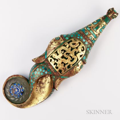Turquoise-inlaid Gilt-bronze/Tin Dragon Belt Hook