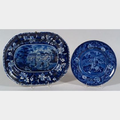 Historical Boston Almshouse Blue Transfer Decorated Staffordshire Platter and a Plate