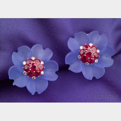 Stained Rock Crystal, Ruby, and Diamond Flower Head Earclips, Aletto Bros.