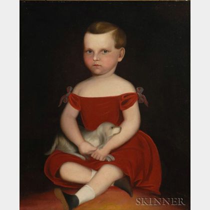 American School, Mid-19th Century Portrait of a Boy in a Red Dress with His Dog, 1840-1850.