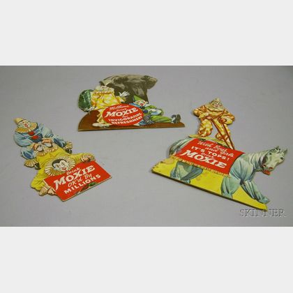 Three Moxie Chromolithograph Clowns Die-cut Advertising Counter Display Stand-ups