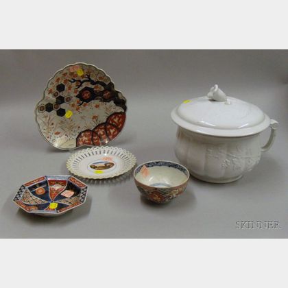 Three Imari Porcelain Tableware Items, a Porcelain Schenectady Souvenir Plate, and an Ironstone Chamber Pot with Cover