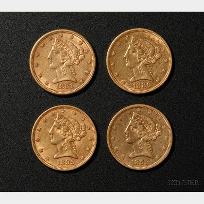 Four United States Liberty Head/Half Eagle Five Dollar Gold Coins