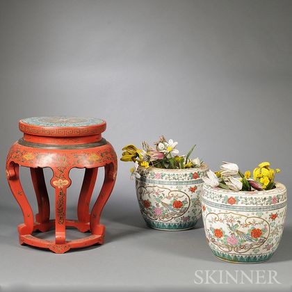 Red Lacquer and Cloisonne Stand and Pair of Planters