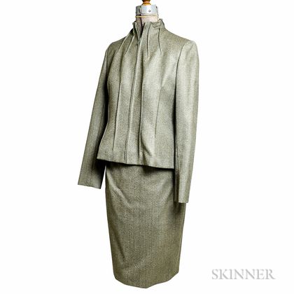 Bill Blass Olive Green Wool Herringbone Suit