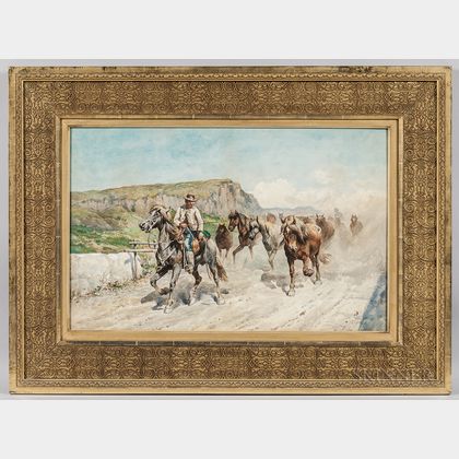Enrico Henri Coleman (Italian, 1846-1911) Horsemen Driving a Wild Herd