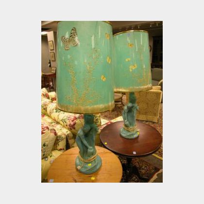Pair of Van Briggle Pottery Turquoise Glazed &#34;Rebecca at the Well&#34; Figural Table Lamps