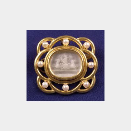 18kt Gold, Cultured Pearl, and Intaglio Brooch, Elizabeth Locke