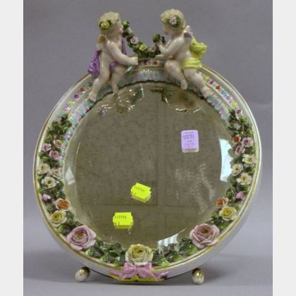Dresden Porcelain Cupid and Floral Encrusted Table Mirror. 