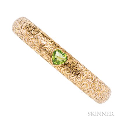 Art Nouveau 14kt Gold and Peridot Bangle Bracelet, Riker Bros.