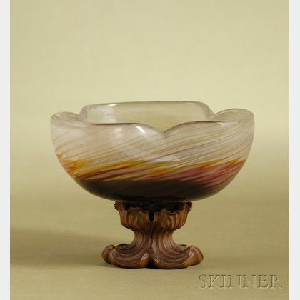 Unusual Galle Glass and Carved Walnut Footed Bowl