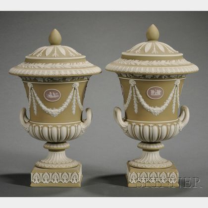 Pair of Wedgwood Three-Color Jasper Dip Vases and Covers