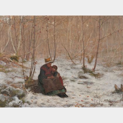 Frank Crawford (Francis) Penfold (American, 1849-1921) Mother and Child Seated on a Bundle of Sticks in a Winter Wood