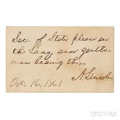 Lincoln, Abraham (1809-1865) Autograph Note Signed, 16 October 1861.