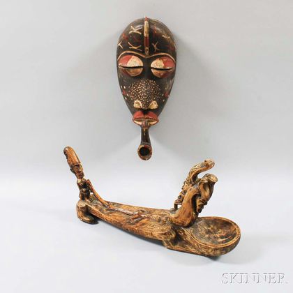 Indonesian Carved and Painted Mask and Wood Coconut Crasher.