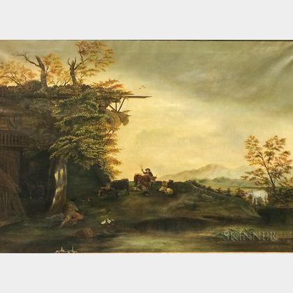British School, 19th Century Rustic Landscape with Family and Farmyard Animals
