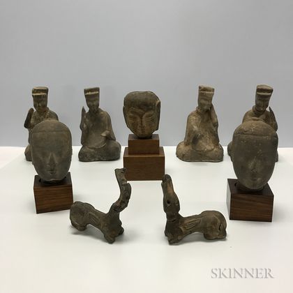 Nine Han-style Pottery Figures and Animals