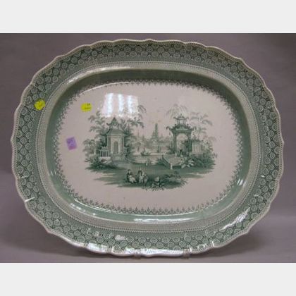 Large R. & W. Green and White Chinese Views Pattern Transfer Decorated Staffordshire Platter. 