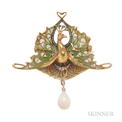 Art Nouveau 18kt Gold, Opal, Diamond, and Enamel Pendant/Brooch, Lucien Gautrait