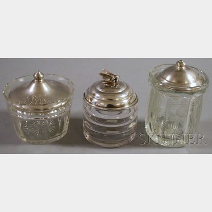Three Colorless Glass Sterling Silver-lidded Jam and Honey Pots